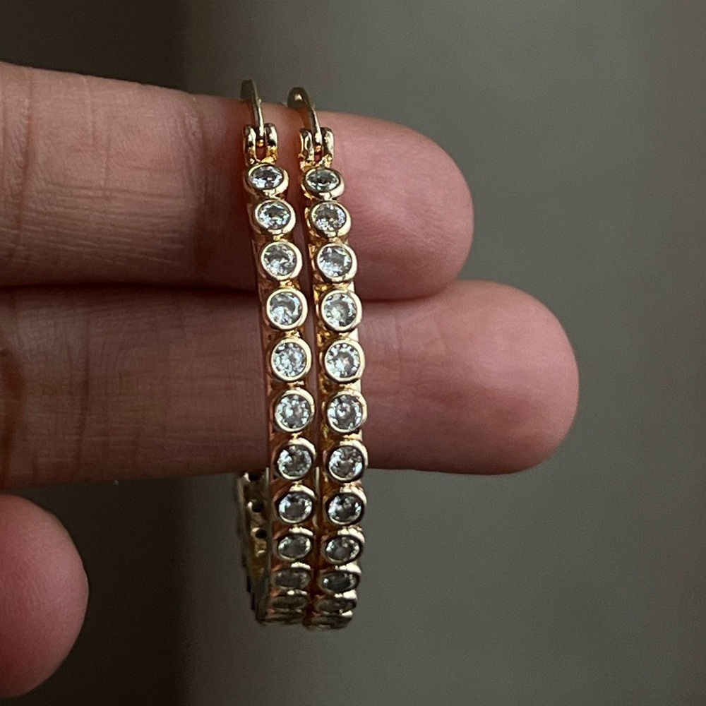 Gold and Silver bezel  stone Hoop Earrings